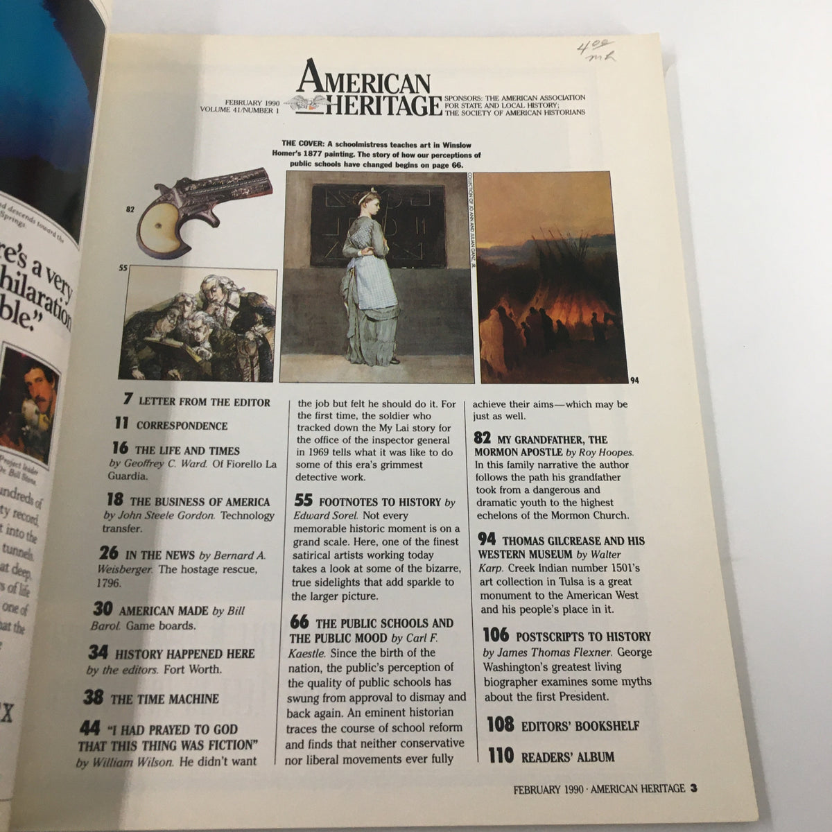 Inside page of American Heritage Magazine February 1990, displaying the table of contents with titles including 'The Untold Story of My Lai' and a featured illustration related to historical education.