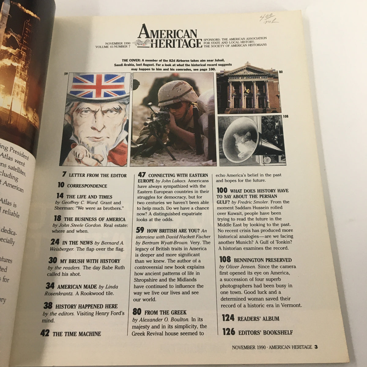 Table of contents from American Heritage Magazine, November 1990, showcasing articles related to the Gulf conflict and historical context, highlighting the issue's focus on significant events of the early 1990s.