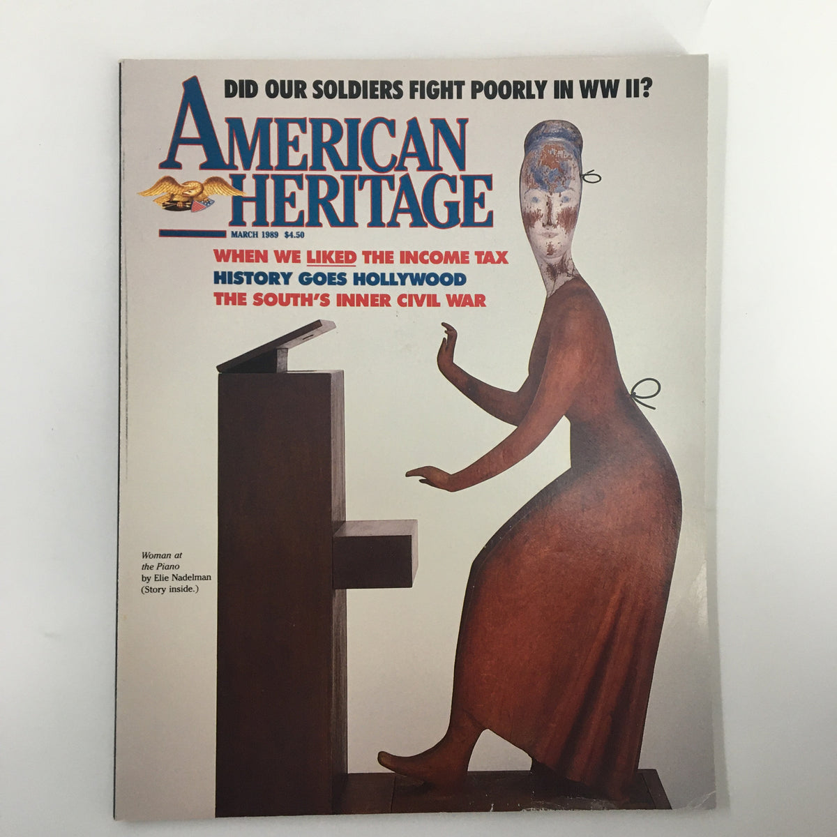 Cover of American Heritage Magazine, March 1989 featuring the title 'Woman at the Piano' with an artistic illustration and articles on historical topics.