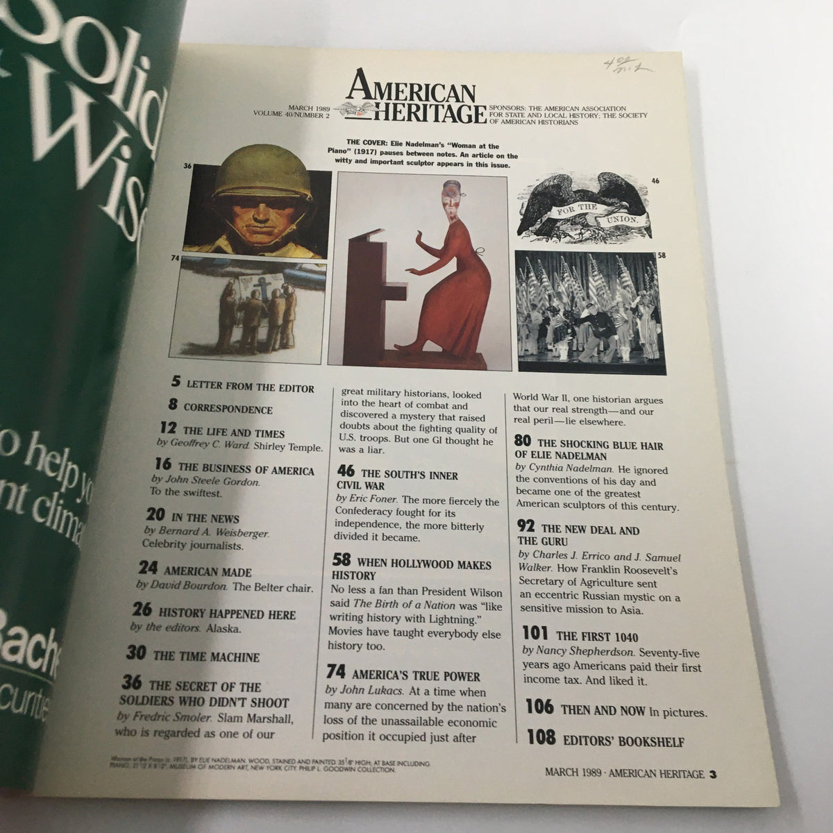 Interior page of American Heritage Magazine, March 1989 showcasing the table of contents, highlighting 'Woman at the Piano' and other featured articles.