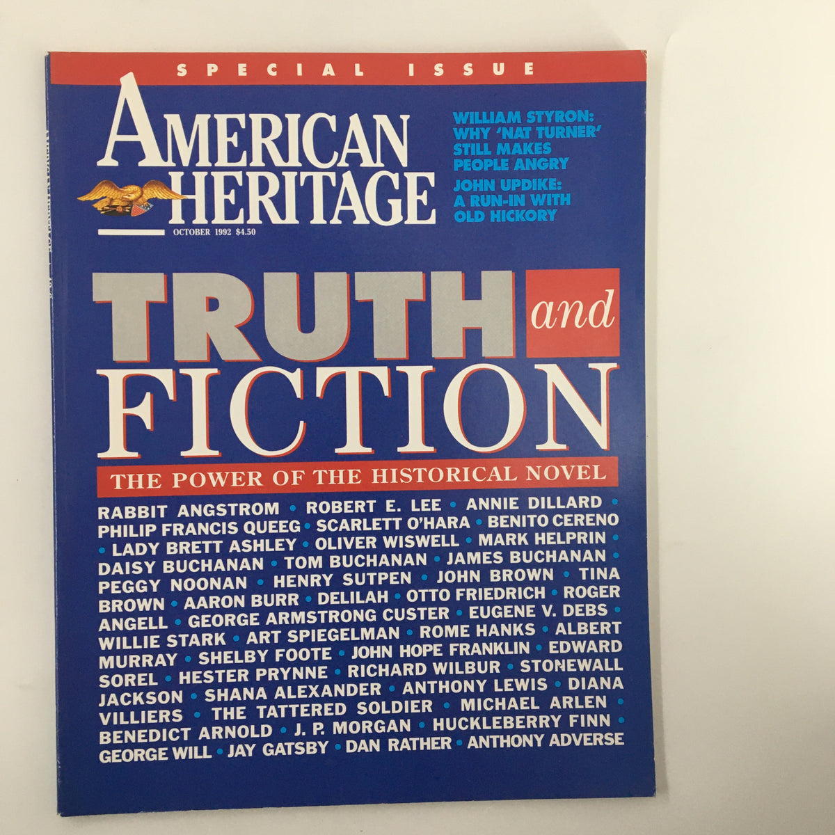 Cover of American Heritage Magazine October 1992 featuring the theme 'Truth and Fiction' and highlighting the power of the historical novel.