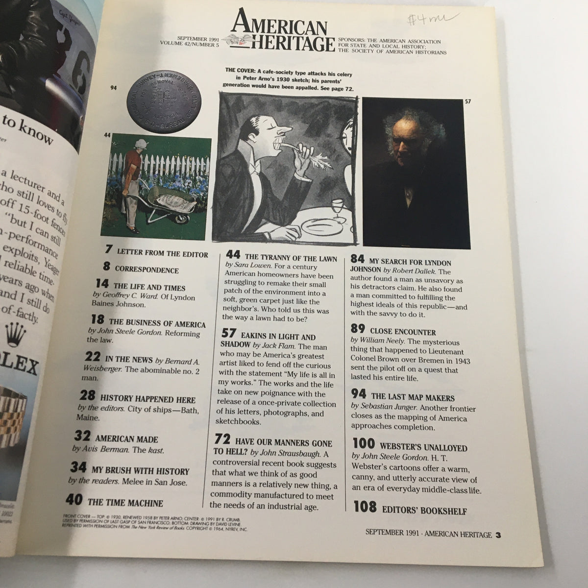Inside page of American Heritage Magazine, September 1991, featuring table of contents. Highlights include articles about lawn culture titled 'The Tyranny of the Lawn' and discussions on manners and Lyndon B. Johnson.