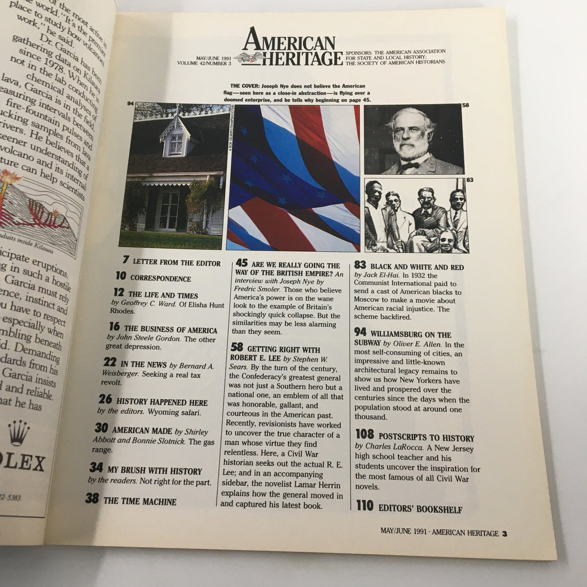 Interior page from American Heritage Magazine May 1991, showcasing the contents list and images related to the magazine's feature on 'The Way of the British Empire', highlighting key articles and historical context.