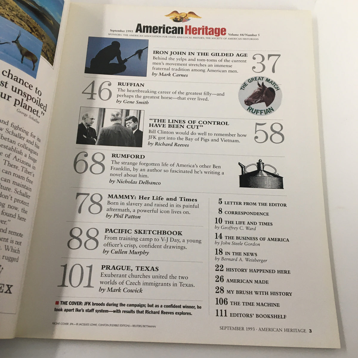 Interior page of American Heritage Magazine September 1993, displaying the table of contents with articles focused on American history, including topics related to Bill Clinton's presidency.