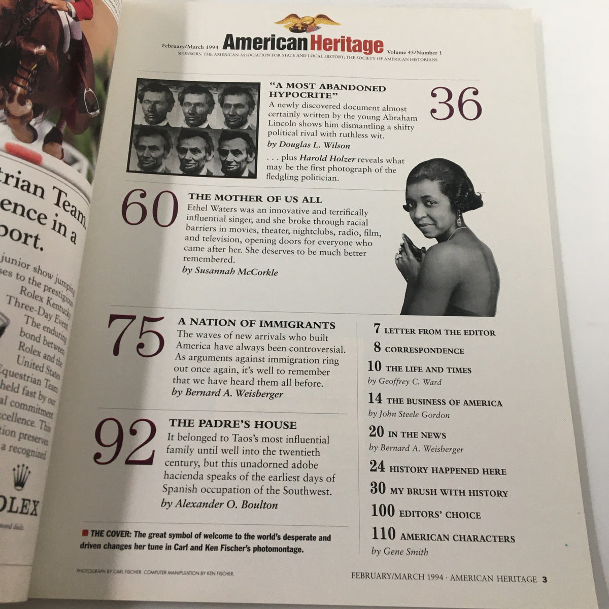 Cover of American Heritage Magazine March 1994 detailing articles on Abraham Lincoln, Ethel Waters, immigration, and historical influences in America.