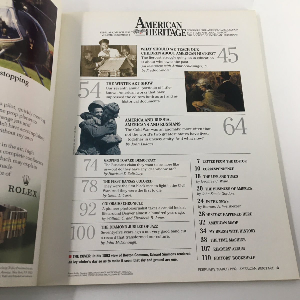 Table of contents from American Heritage Magazine February 1992 featuring articles on American history, including 'What Should We Teach Our Children About American History?' and 'America and Russia, Americans and Russians.'