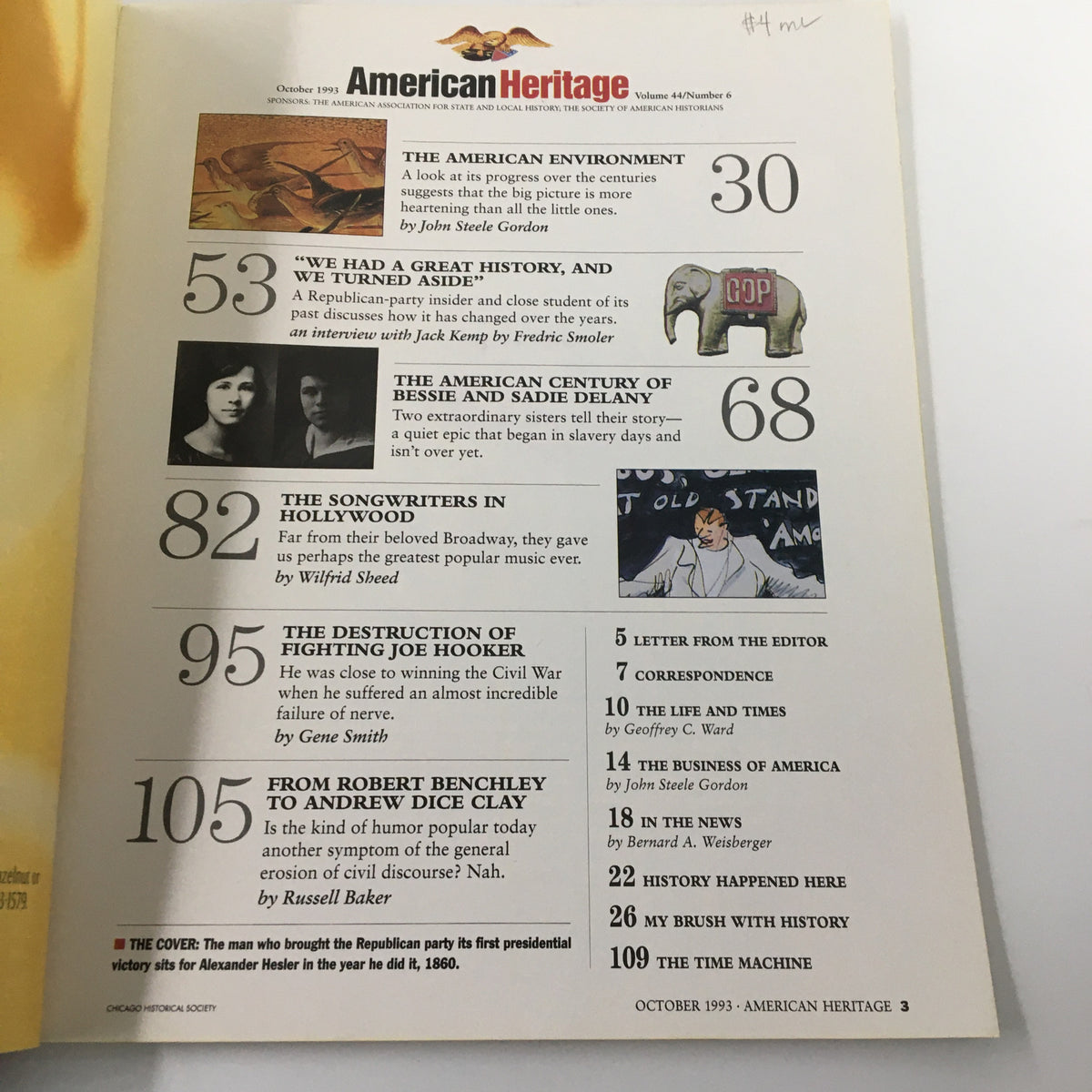 Table of contents from the American Heritage Magazine October 1993, showcasing articles including 'The American Century of Bessie and Sadie Delany' and other historical topics.