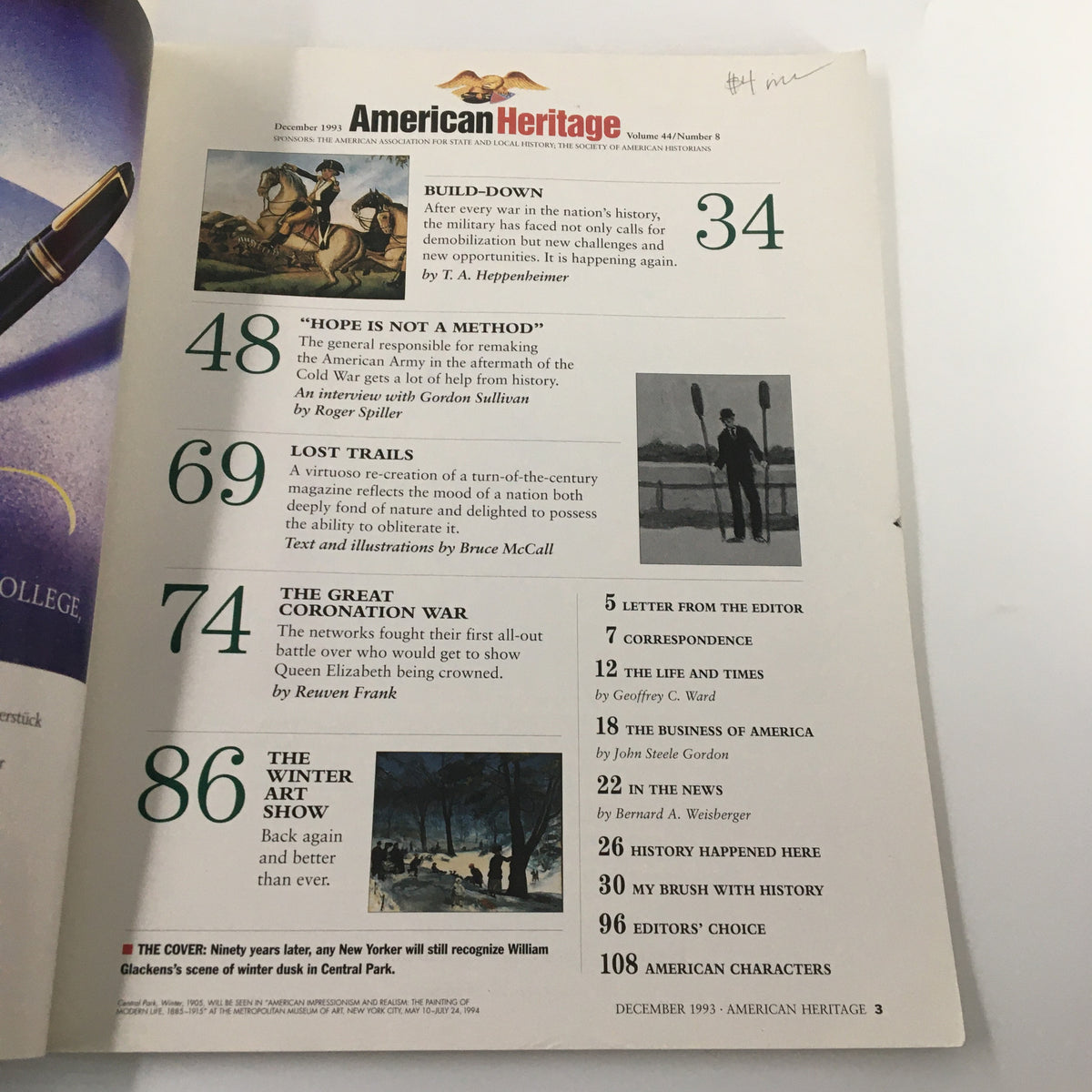 Table of contents from American Heritage Magazine December 1993 listing articles including 'The Winter Art Show' under the page number 86, highlighting the magazine's focus on American culture and history.