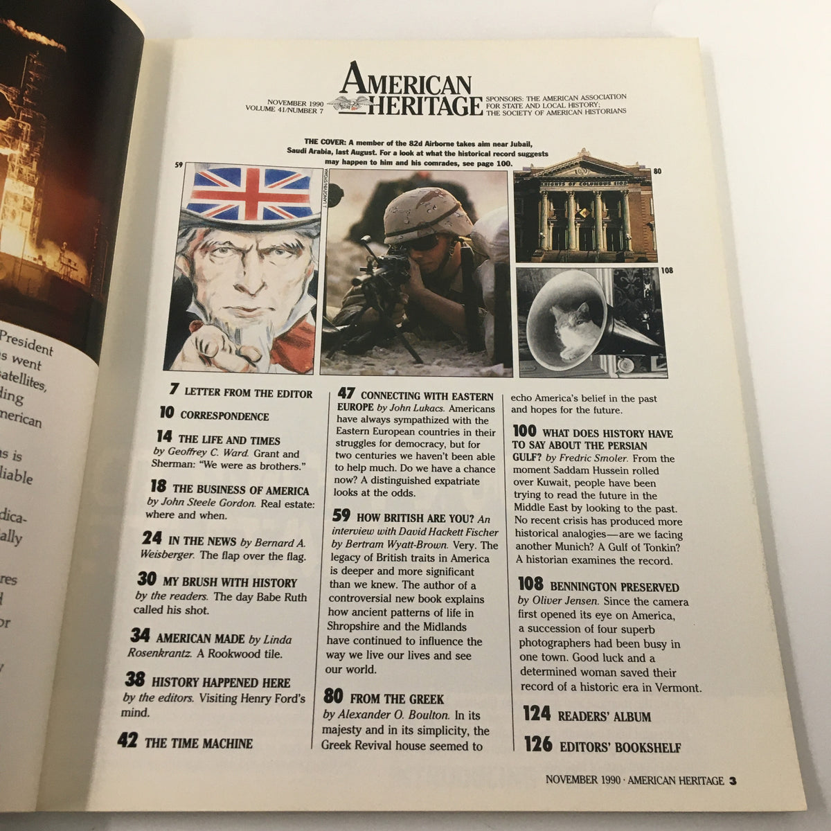 Table of contents from American Heritage Magazine November 1990, displaying article titles and illustrations related to history, culture, and U.S.-Eastern Europe relations.