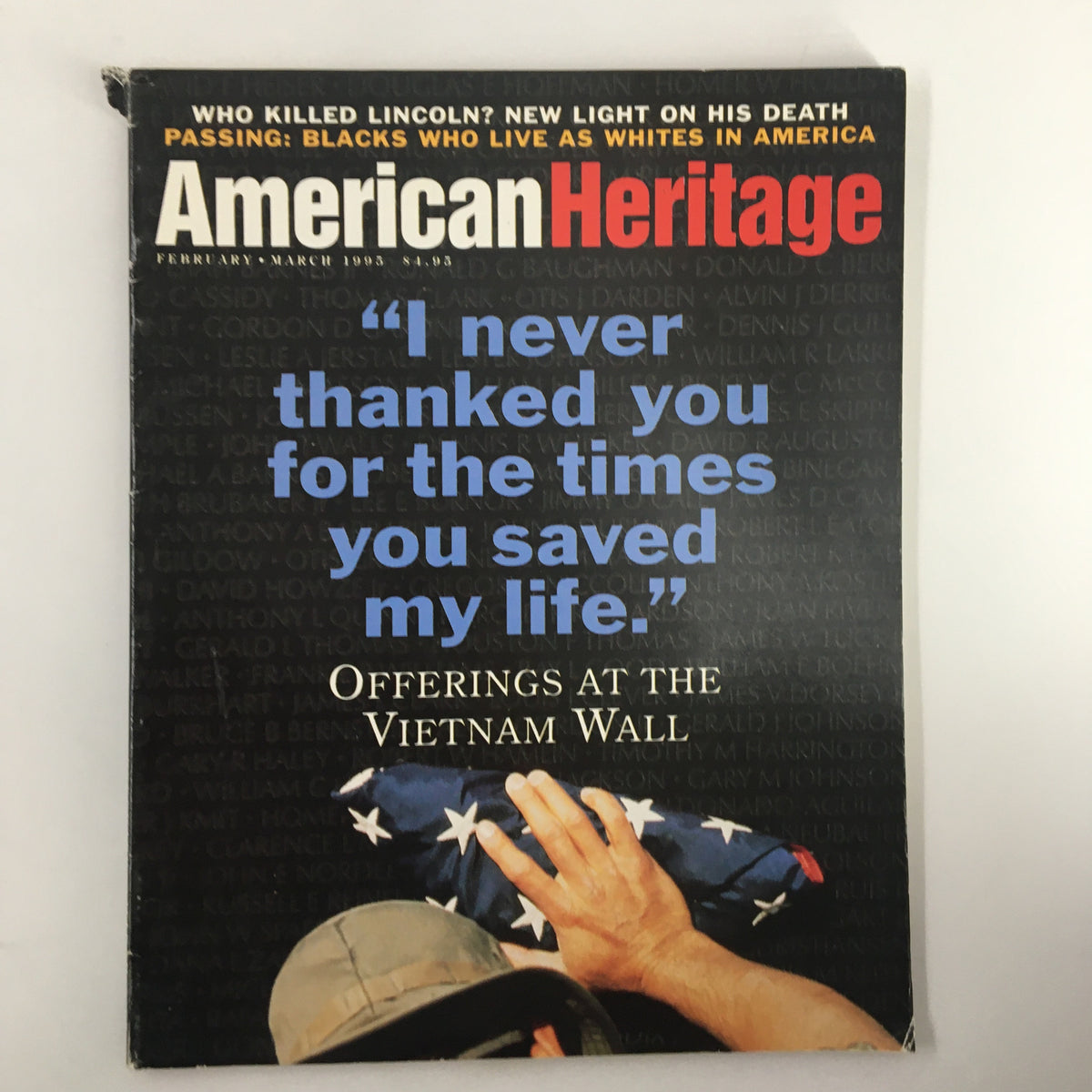 Cover of American Heritage Magazine March 1995 featuring the title 'Offerings at the Vietnam Wall' and a poignant quotation about gratitude and sacrifice.