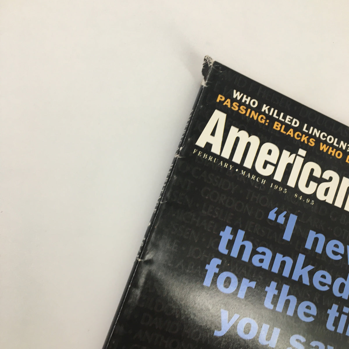 Close-up view of the top portion of American Heritage Magazine March 1995 highlighting the title 'Offerings at the Vietnam Wall' and a significant quote from the issue.