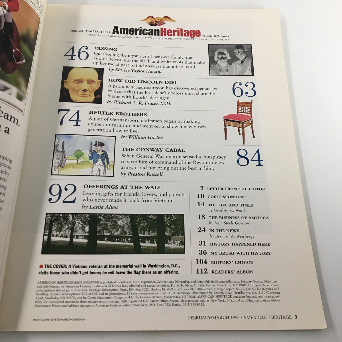 Contents page of American Heritage Magazine, March 1995, featuring articles including 'Passing', 'How Did Lincoln Die?', 'Herter Brothers', 'The Conway Cabal', and 'Offerings at the Wall', highlighting the theme of remembrance and tribute at the Vietnam Wall.