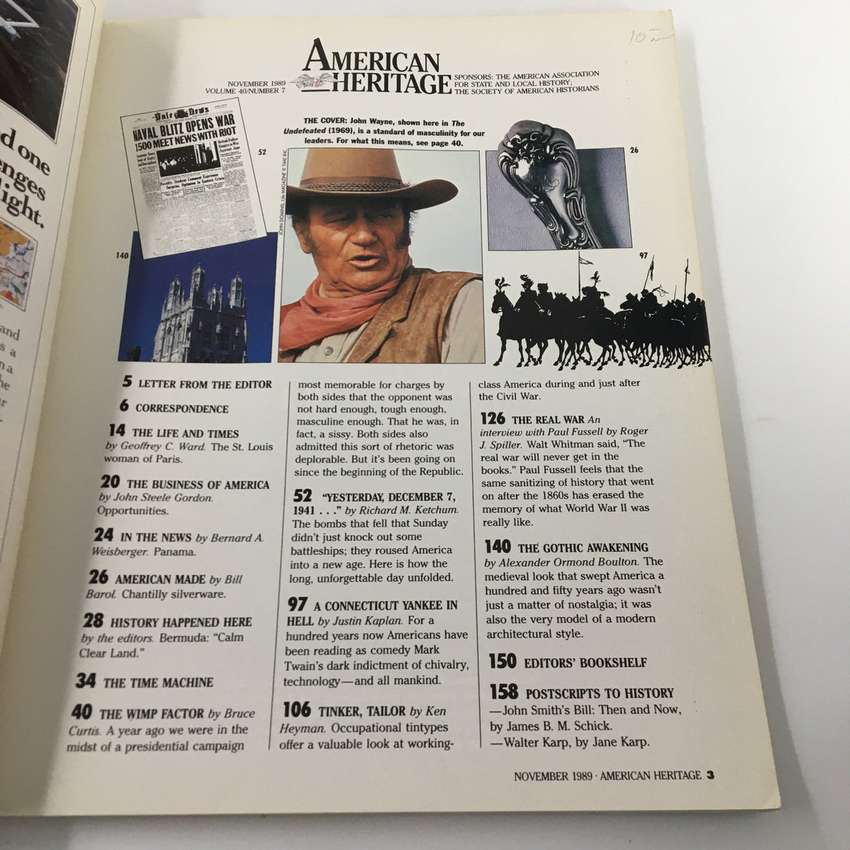 Inside page of American Heritage Magazine November 1989, showcasing the contents including articles and features related to the issue's theme 'The Wimp Factor' and John Wayne.