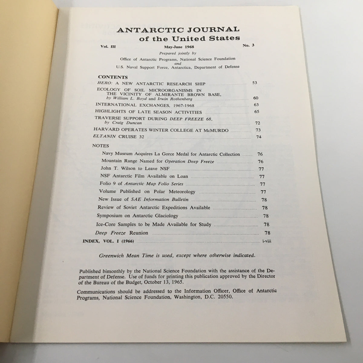 Contents page of the VTG Antarctic Journal of the United States May-June 1968, detailing articles on Antarctic research, ecology, and notable activities during that period.