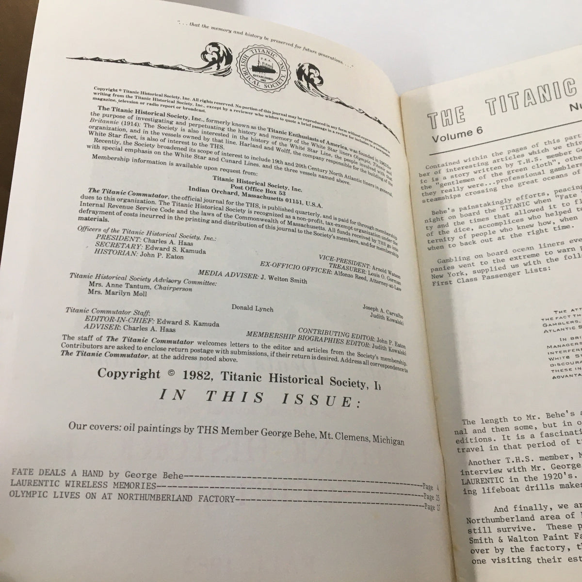Inside page of VTG The Titanic Commutator Fall 1982 Fate Deals a Hand at Titanic, including editorial information and article details on Titanic history.