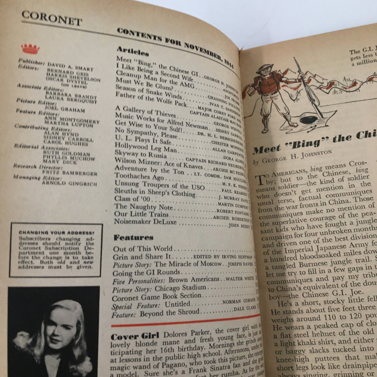 Interior page of VTG Coronet Magazine November 1944 featuring the table of contents and notable articles including 'I Like Being A Second Wife.' This vintage magazine captures the cultural insights of the 1940s.