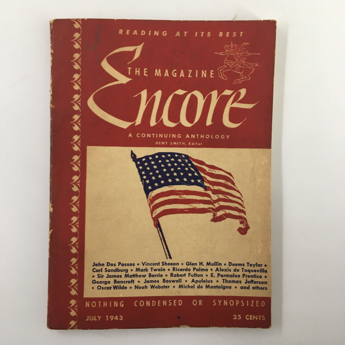 VTG Encore Press Magazine July 1943 showcasing a cover with an artistic design and a visible American flag, emphasizing its authenticity and historical significance, not condensed or synopsized.
