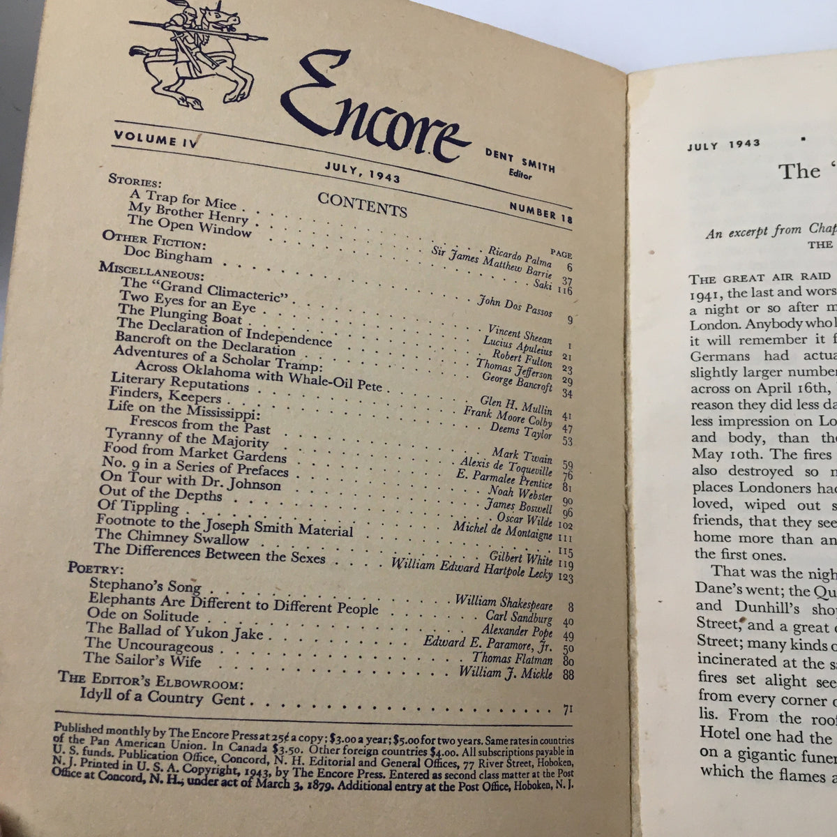Inside view of the VTG Encore Press Magazine, July 1943, displaying the table of contents, showcasing various articles, stories, and poetry from the vintage magazine.
