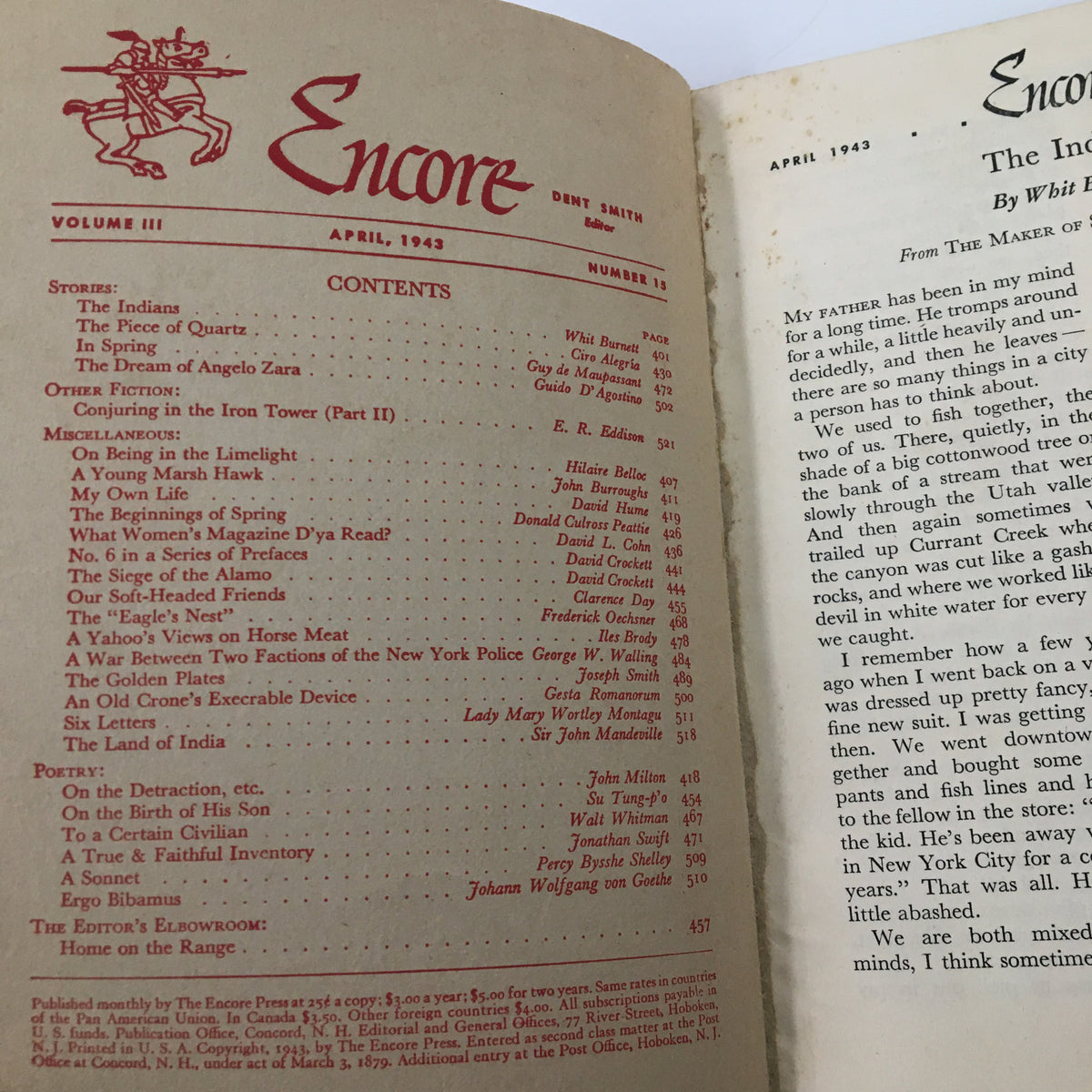 Interior page of VTG Encore Press Magazine April 1943 displaying the table of contents, highlighting various articles and authors, featuring early 1940s vintage typography.