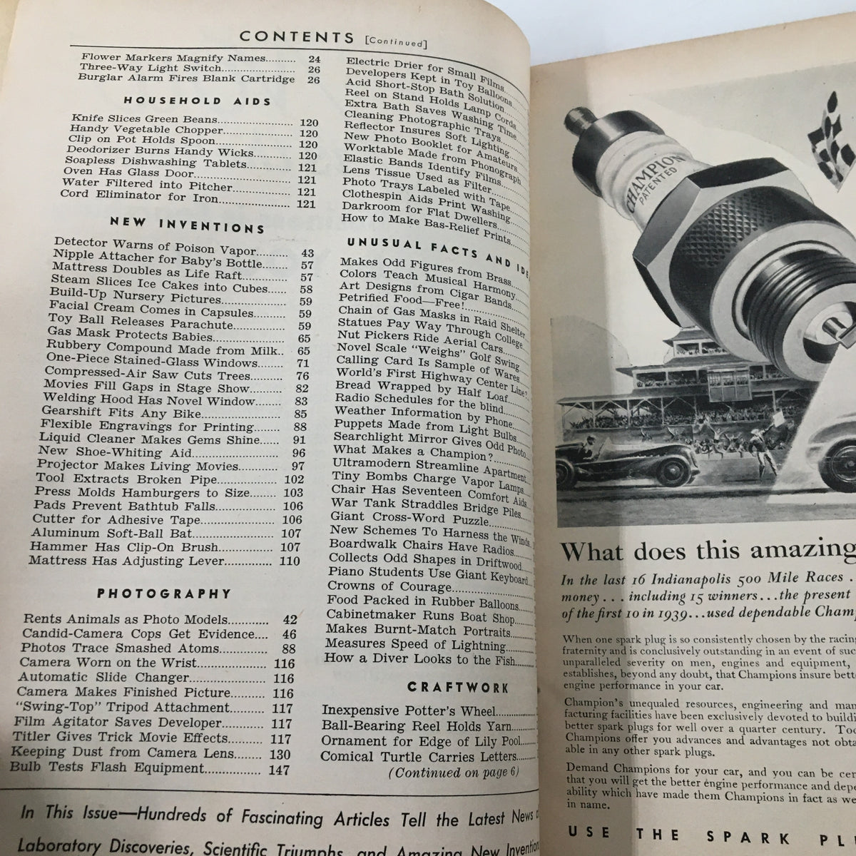 Contents page of the August issue of Popular Science Magazine, listing articles on household aids, new inventions, and notable facts, highlighting innovative topics within the magazine.