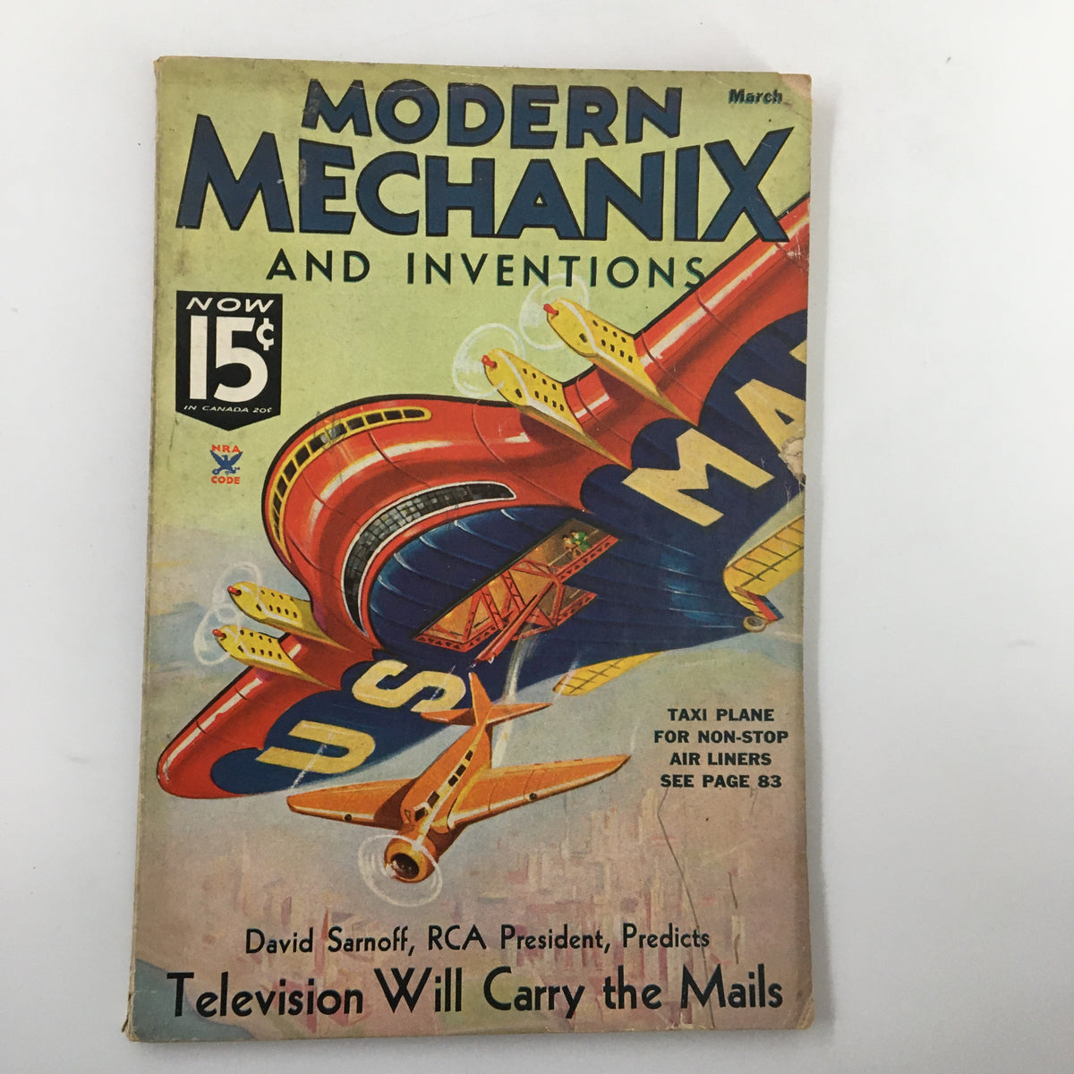 Cover of VTG Modern Mechanix Magazine March 1935 featuring colorful illustration of a taxi plane with the title 'Television Will Carry the Mails'.