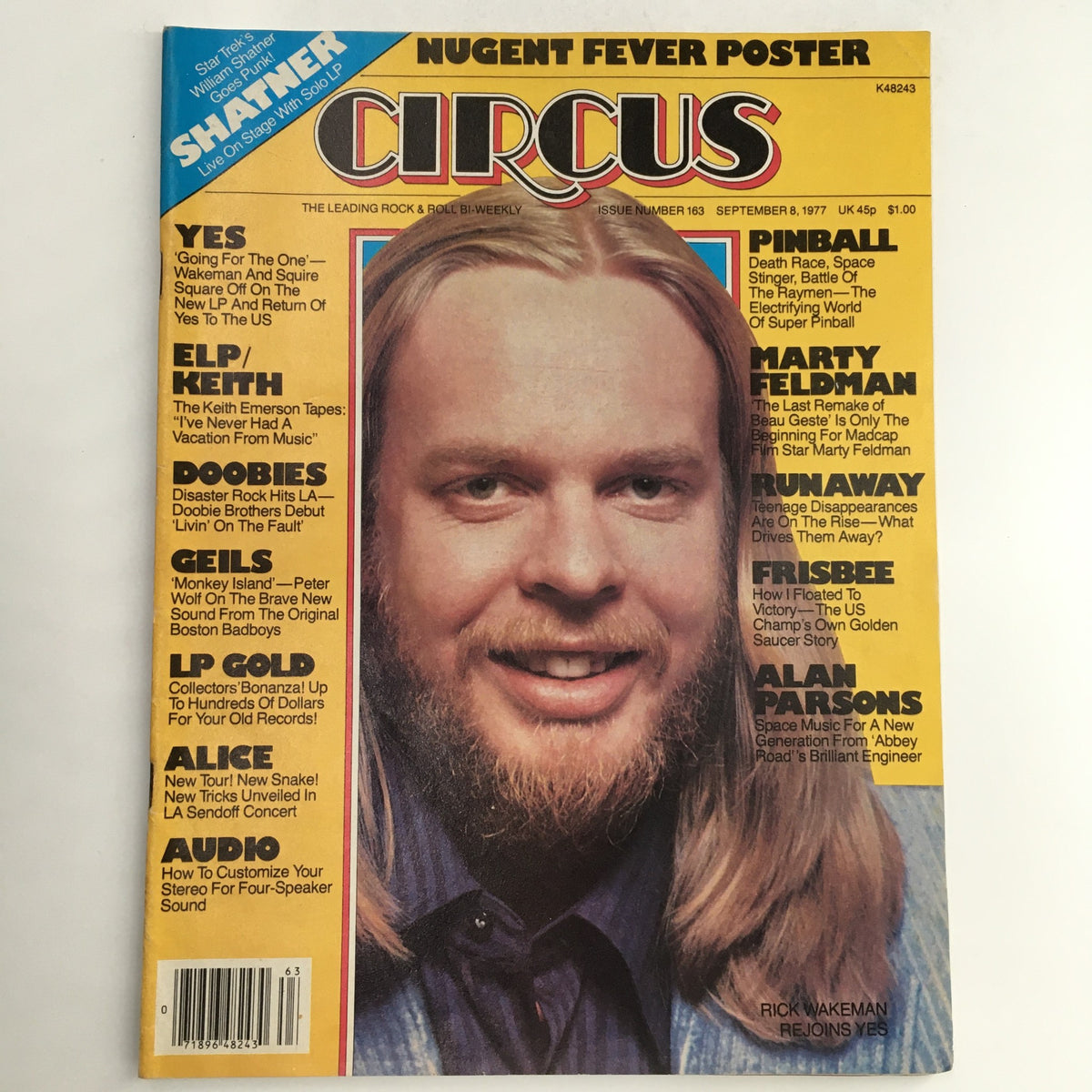 Cover of Circus Magazine from September 8, 1977, featuring Rick Wakeman, highlighting key rock articles and advertisements. Vintage collectible magazine titled 'Circus Magazine September 8 1977 Rick Wakeman & Ted Nugent Poster'.