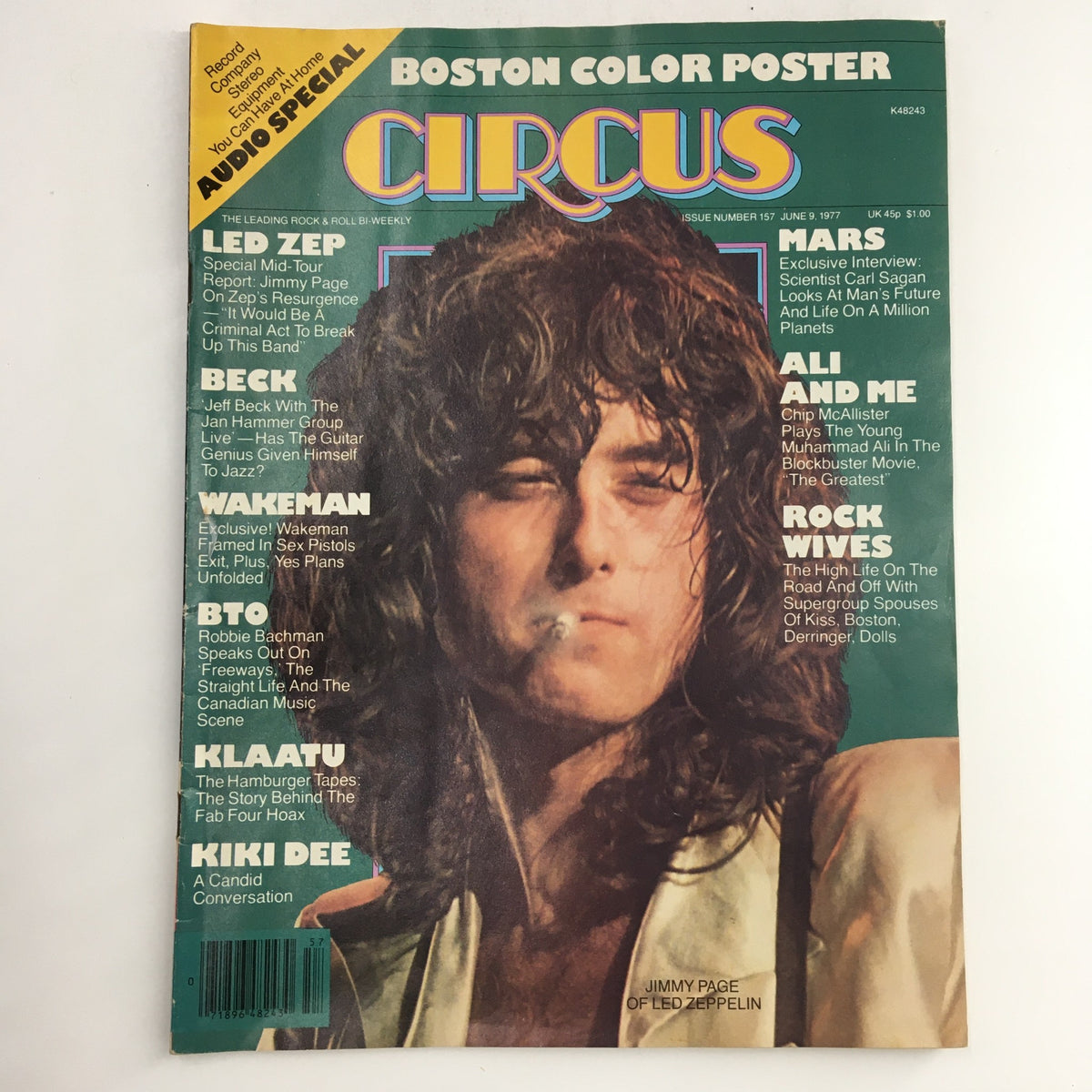 Circus Magazine June 9, 1977, featuring Jimmy Page of Led Zeppelin on the cover with a candid expression and cigarette, showcasing rock history.