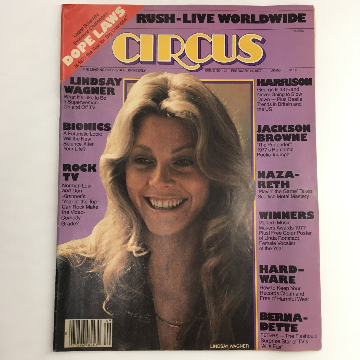 Circus Magazine February 14 1977 featuring Lindsay Wagner on the cover, highlighting pop culture from the late 1970s with articles and a poster of Linda Ronstadt inside.