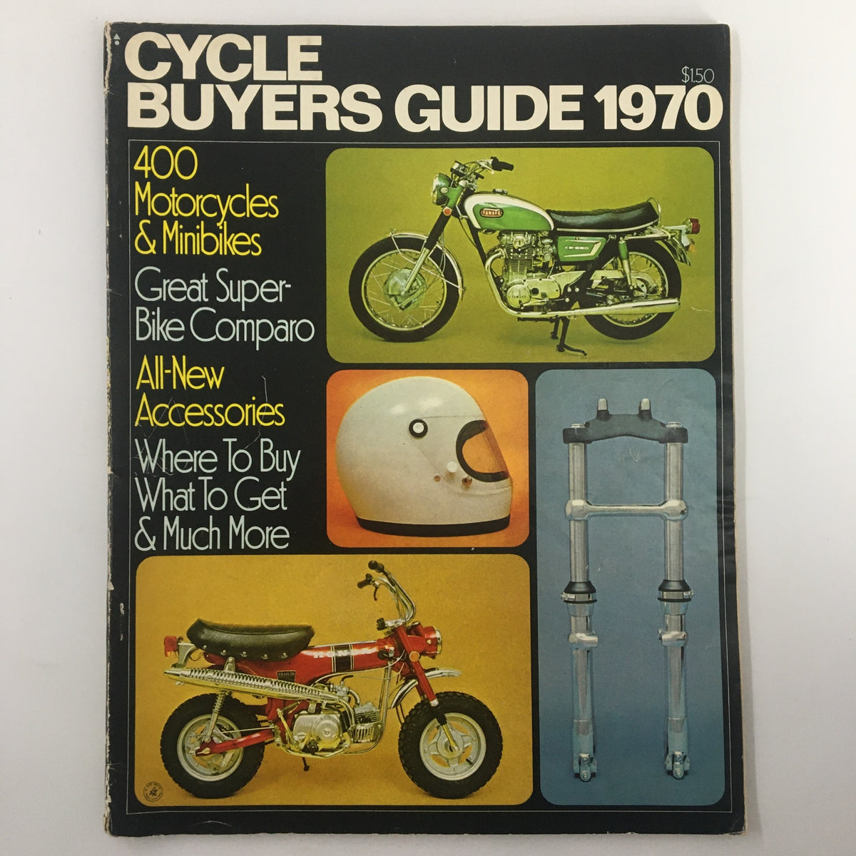 Cover of VTG Cycle Magazine 1970 Buyers Guide featuring motorcycles, mini bikes, and accessories with a vibrant design.