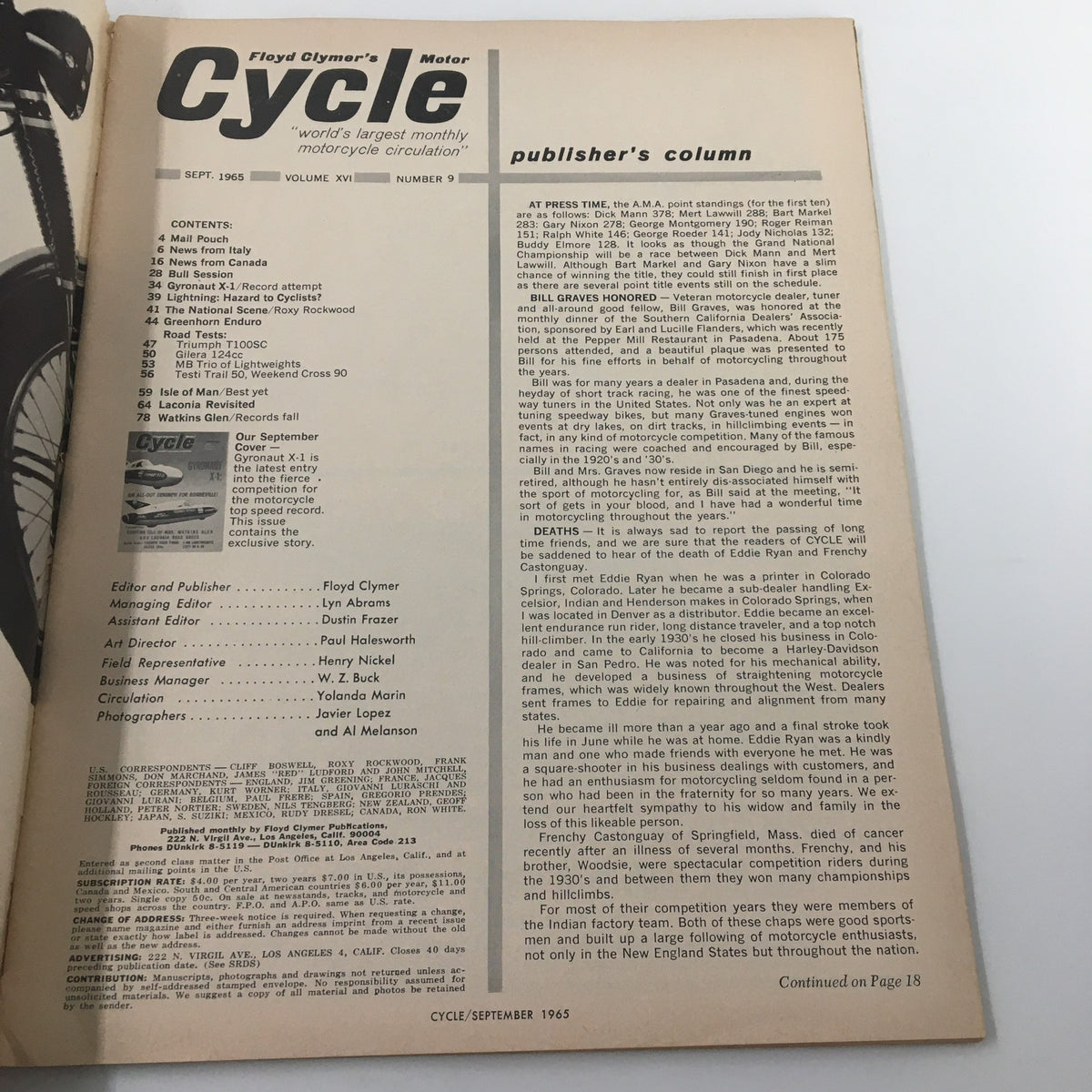 Interior page of VTG Cycle Magazine September 1965, including publisher's column and contents list, reflecting vintage motorcycle history and insights.