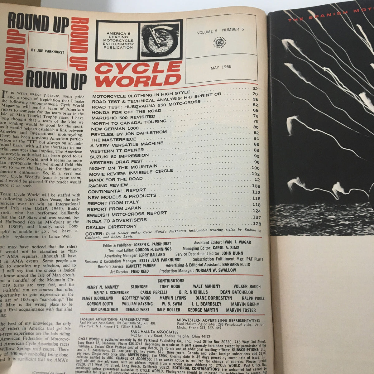 Inside page of the VTG Cycle World Magazine May 1966, displaying the table of contents which includes features on motorcycle clothing, Harley-Davidson Sprint CR-TT road test, and motocross information.