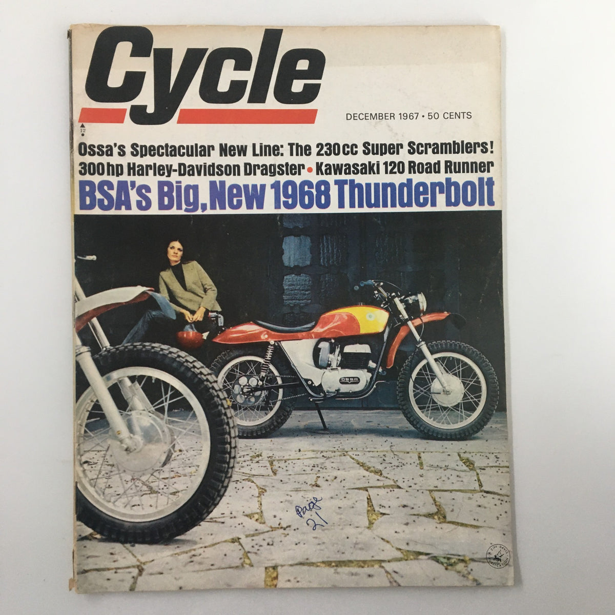 Cover of VTG Cycle Magazine December 1967 featuring BSA's Big New 1968 Thunderbolt with two motorcycles and a woman sitting in a vintage setting.