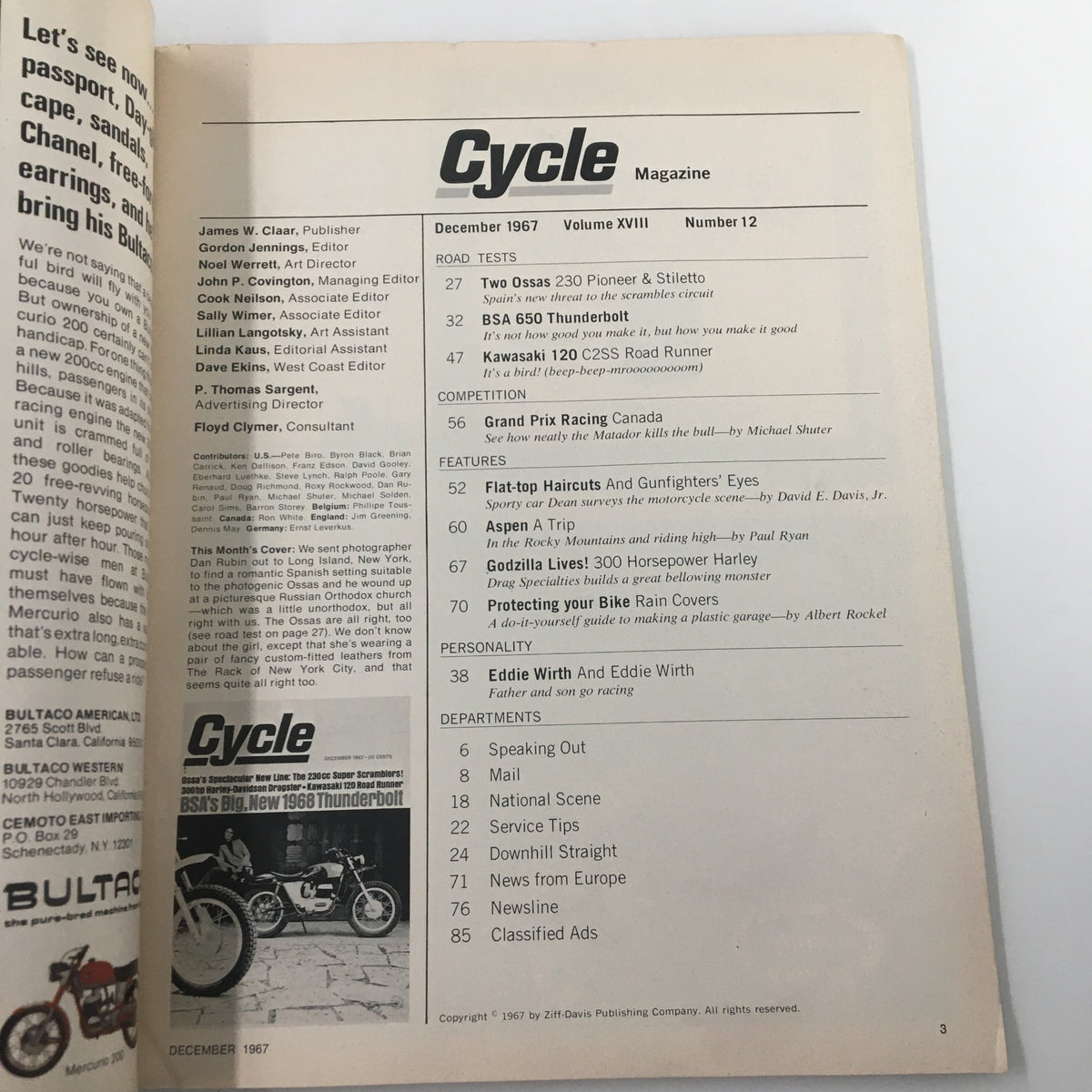 Contents page of VTG Cycle Magazine December 1967, listing features including BSA's Big New 1968 Thunderbolt and motorcycle reviews.
