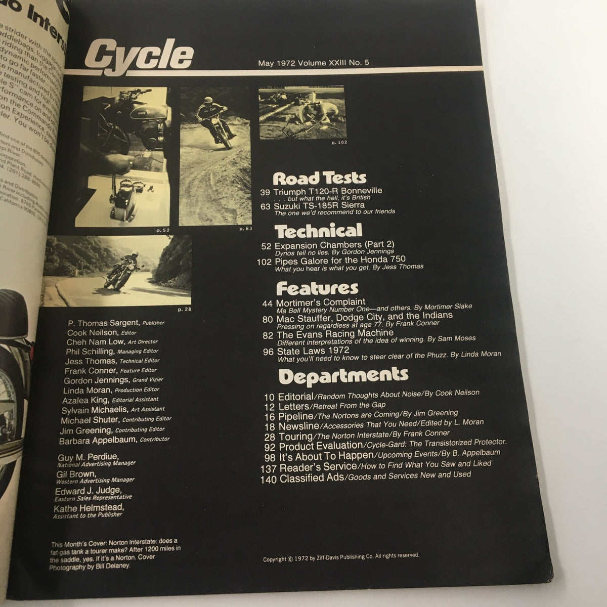 May 1972 issue of Cycle Magazine showcasing the contents including articles on road tests for classic motorcycles, technical features, and noteworthy departments related to motorcycle culture.
