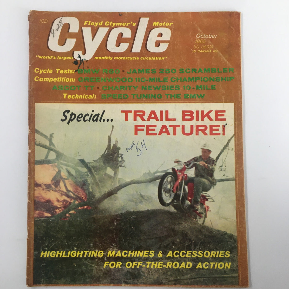 Cover of the VTG Cycle Magazine, October 1965 issue featuring the BMW R60 and James 250 Scrambler with a trail bike feature headline, showcasing vintage motorcycle culture.