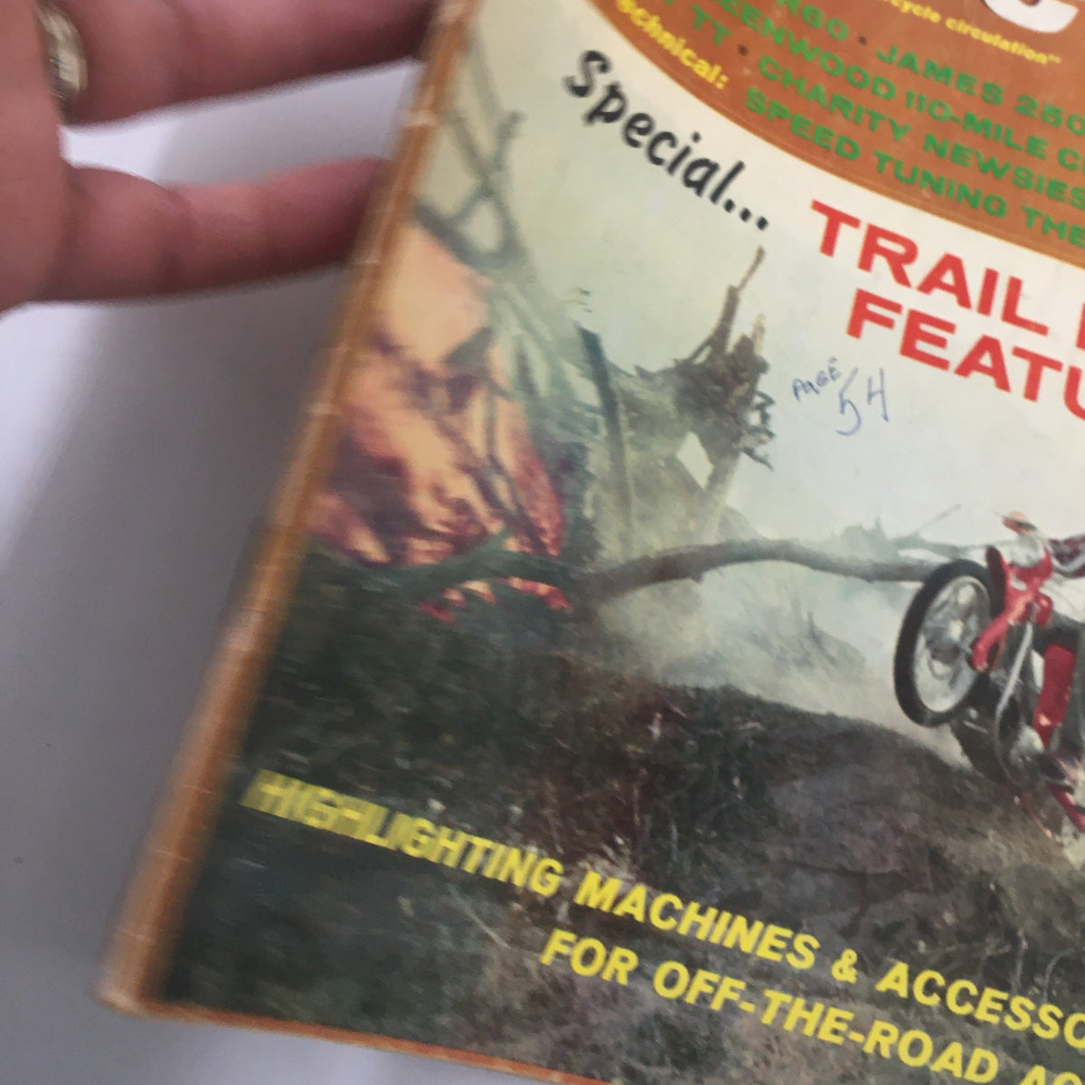 Detailed view of the VTG Cycle Magazine, October 1965 cover, emphasizing the trail bike feature and iconic motorcycle models including BMW R60 and James 250 Scrambler.