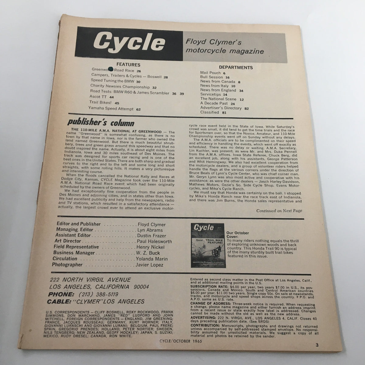 Vintage Cycle Magazine page from October 1965 featuring publisher's column and magazine details including a focus on motorcycle events. Title: VTG Cycle Magazine October 1965 BMW R60 and James 250 Scrambler Test No Label.