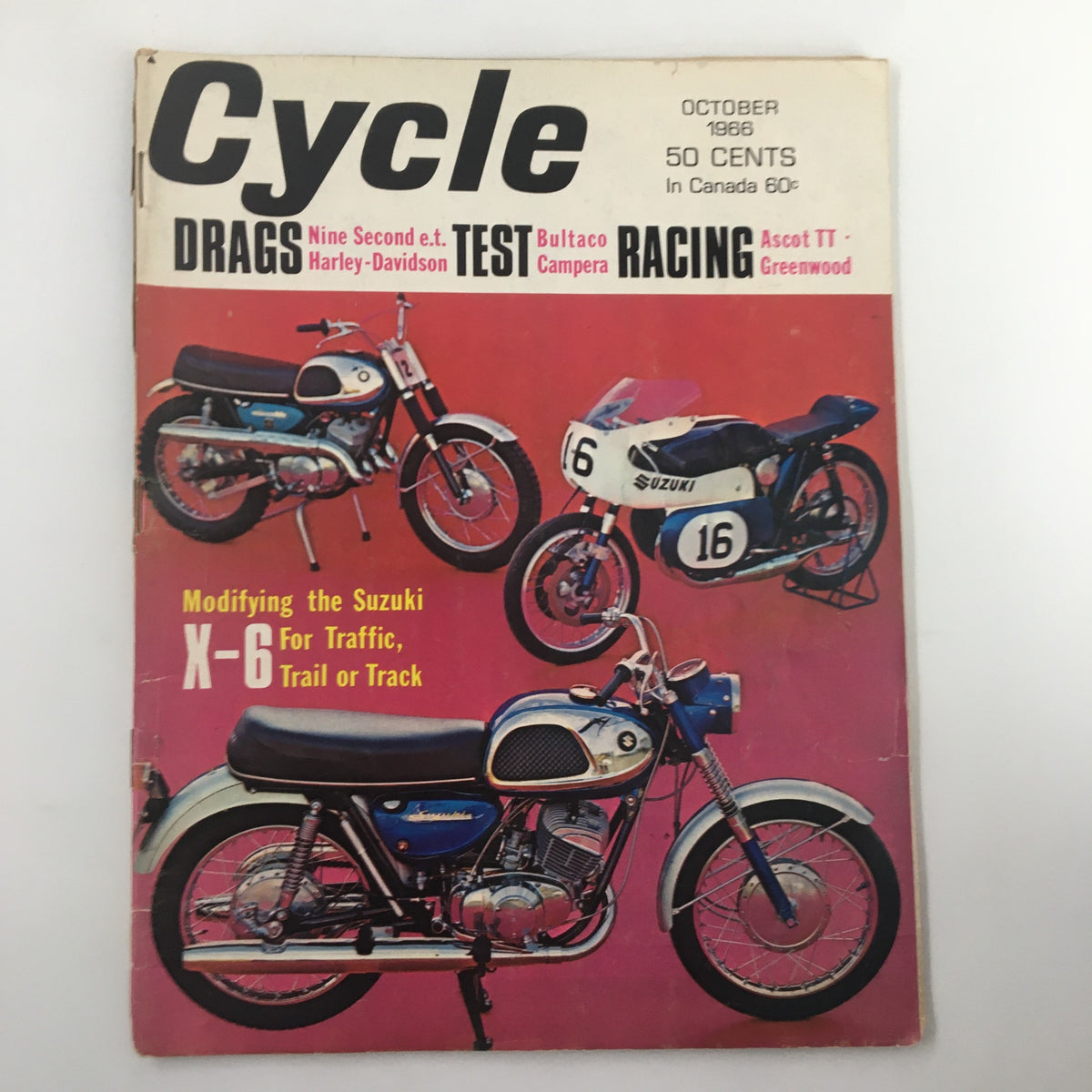 Cover of VTG Cycle Magazine October 1966 featuring Modifying the Suzuki X-6 for Traffic, Trail or Track with images of classic motorcycles.