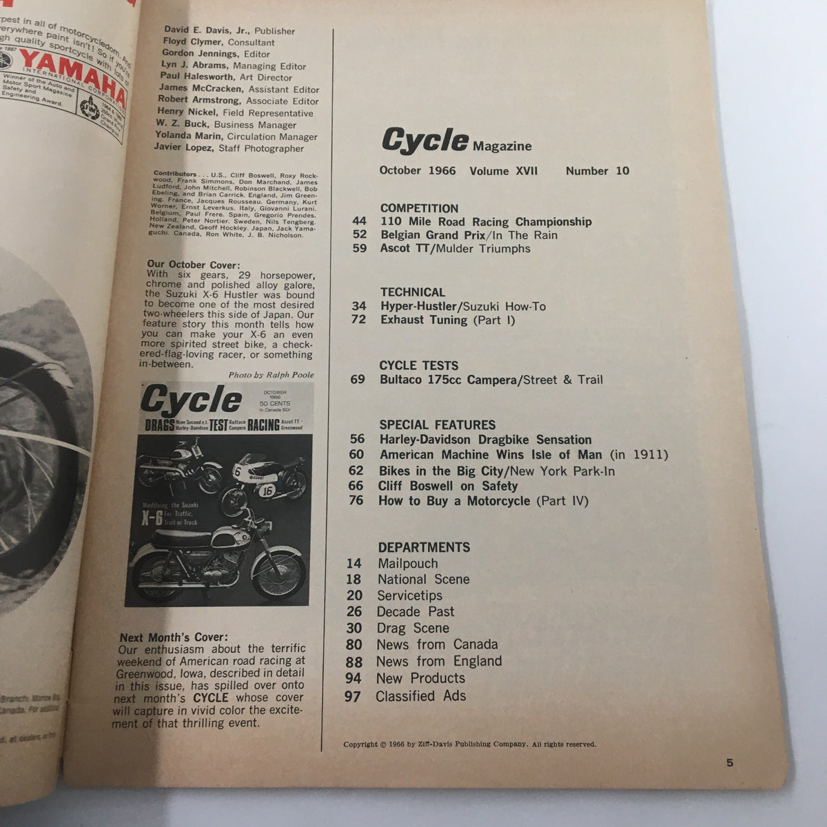 Interior page of VTG Cycle Magazine October 1966 displaying contents and details about Modifying the Suzuki X-6 for Traffic, Trail or Track.
