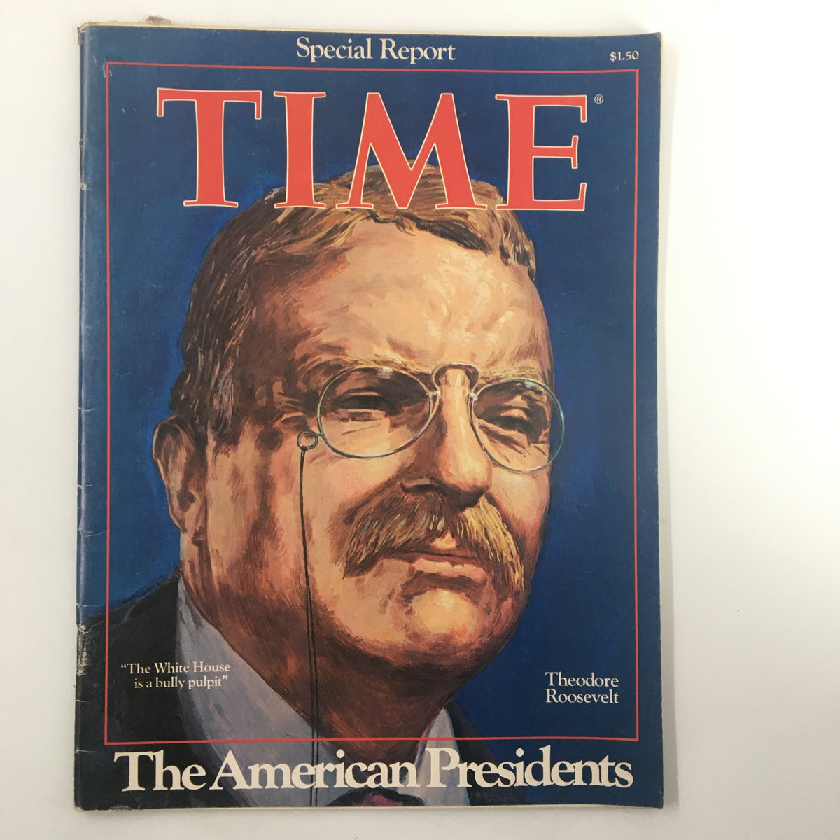 1976 vintage Time Magazine cover featuring Theodore Roosevelt as part of 'The American Presidents' series. The cover highlights Roosevelt's significant impact on American history with a vivid portrait and engaging headline.