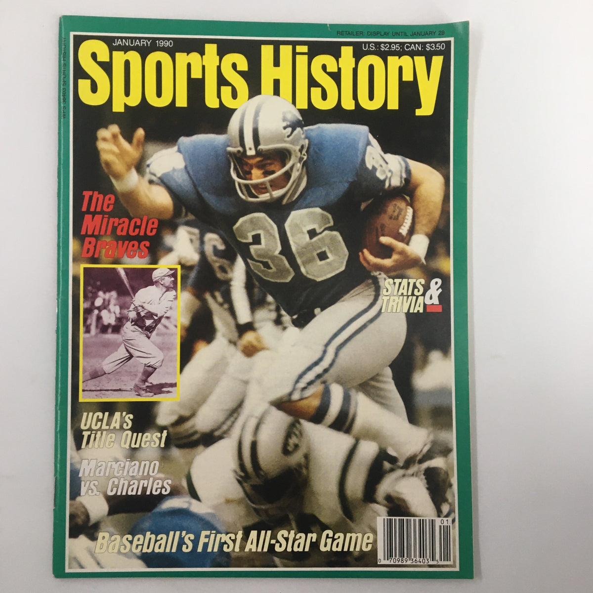 Cover of Sports History Magazine January 1990 featuring the Miracle Braves and the boxing match Marciano vs Charles, highlighting a player in action.