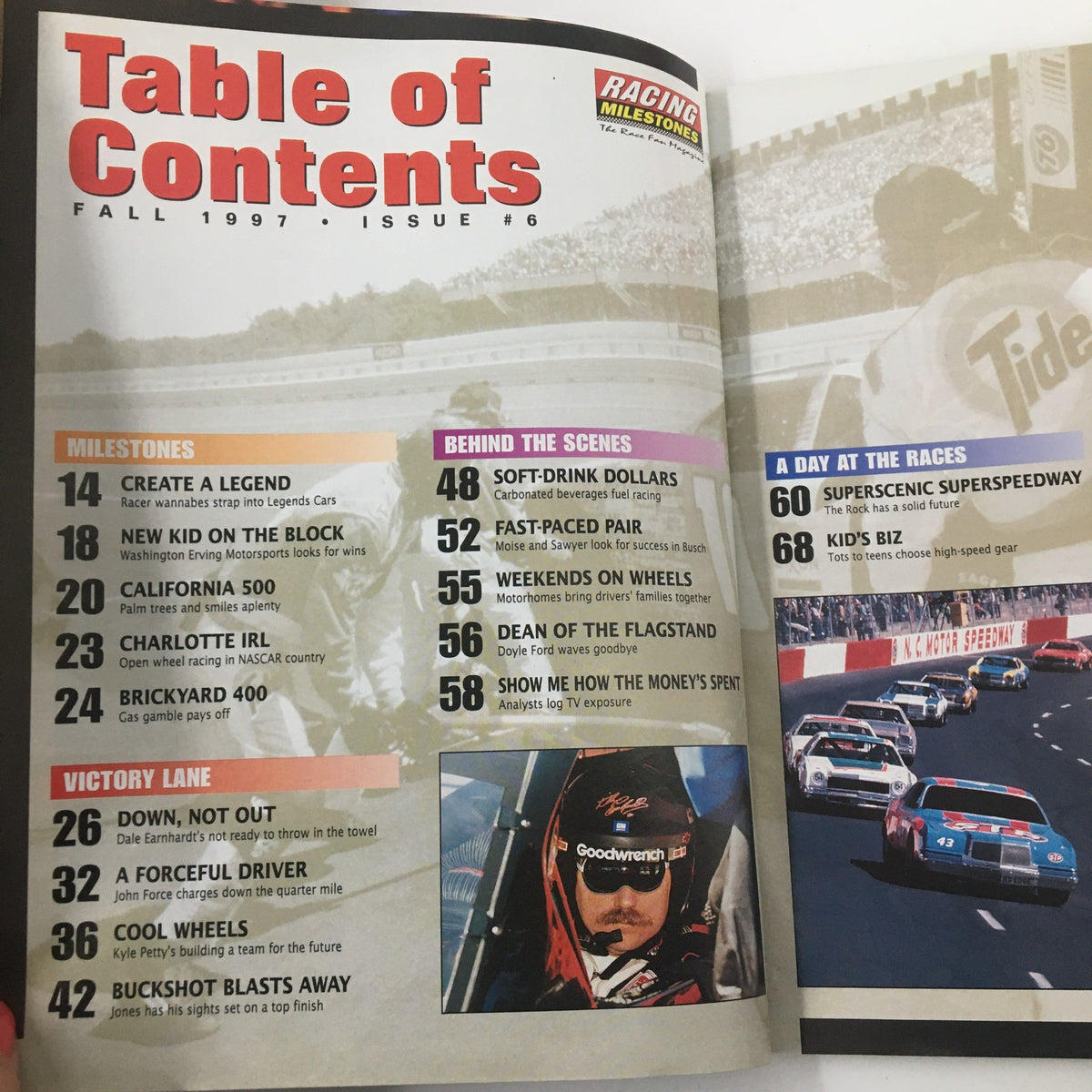 Table of Contents from Racing Milestones Magazine Fall 1997, outlining featured articles including Dale Earnhardt's career and showcases of NASCAR events.