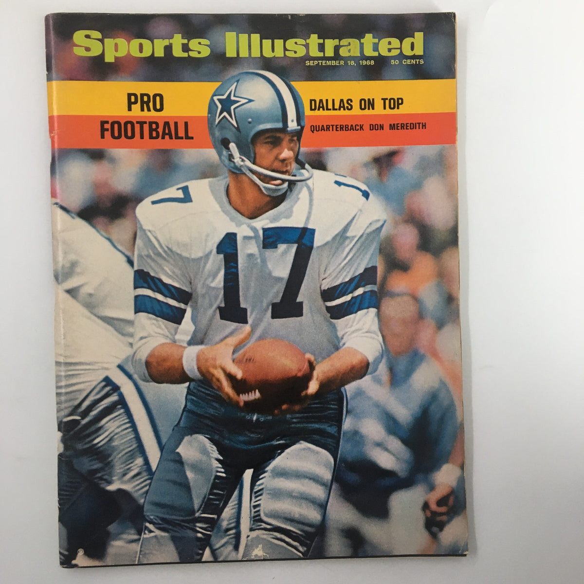 Vintage Sports Illustrated magazine from September 16, 1968, featuring quarterback Don Meredith on the cover, showcasing football themes and memorabilia.