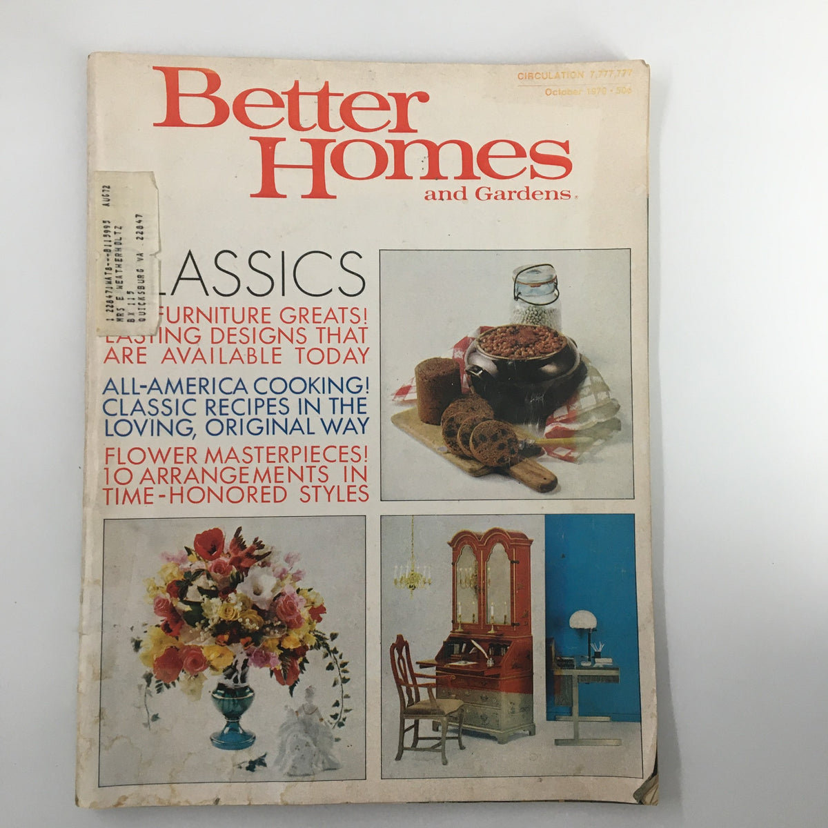 Cover of VTG Better Homes & Gardens Magazine October 1970 featuring the title 'All-America Cooking! Classic Recipes in the Loving, Original Way' alongside illustrations of a flower arrangement, a dessert bowl, and home furnishings.