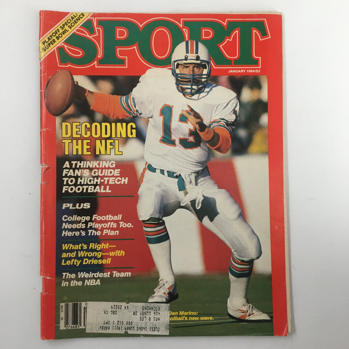 Cover of VTG Sport Magazine January 1984 featuring Dan Marino with the title 'Football's New Wave' and articles on decoding the NFL.
