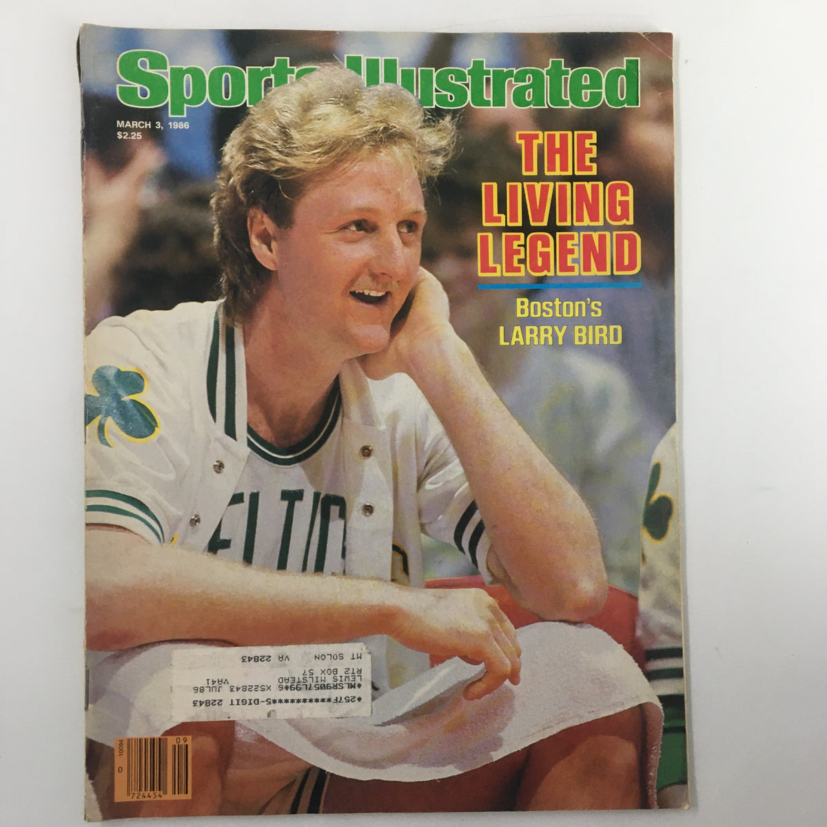 Cover of the Sports Illustrated magazine from March 3, 1986, featuring Boston's Larry Bird with the headline 'The Living Legend'. The image shows Bird smiling, wearing a Celtics jersey, highlighting his impact on basketball history.