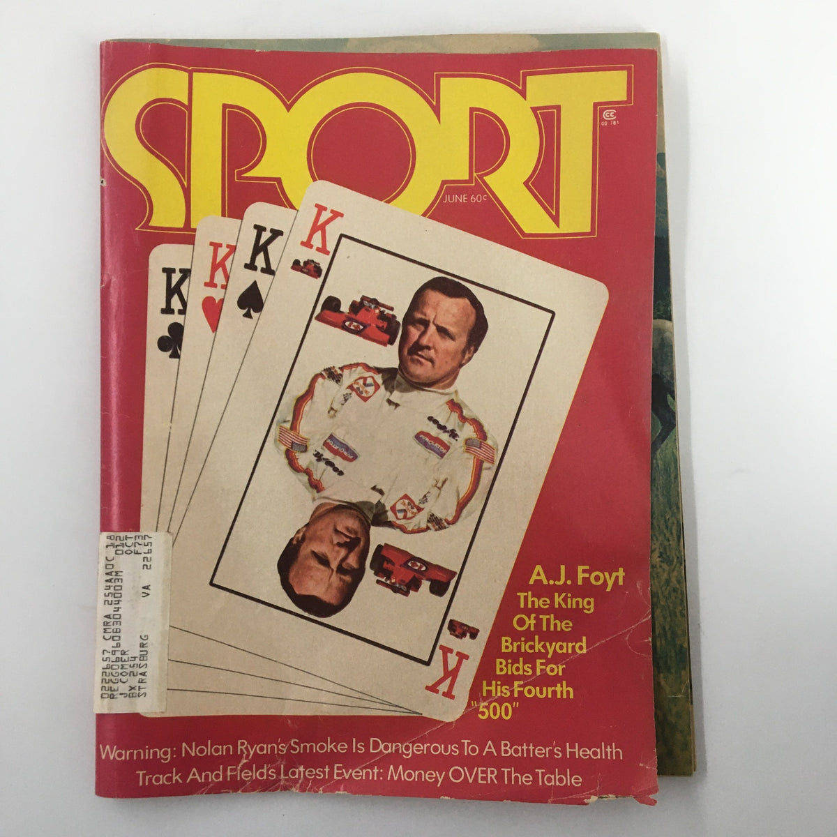 VTG Sport Magazine June 1973 featuring A.J. Foyt, The King of the Brickyard, holding playing cards on the cover. The magazine showcases racing history with vibrant colors and bold typography.