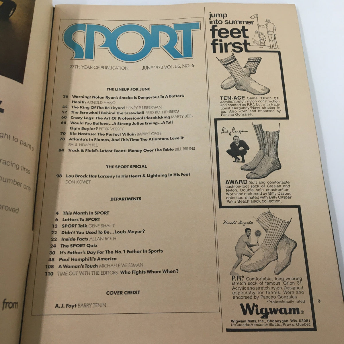Interior page from VTG Sport Magazine June 1973, listing table of contents including A.J. Foyt's feature article and other sports topics.
