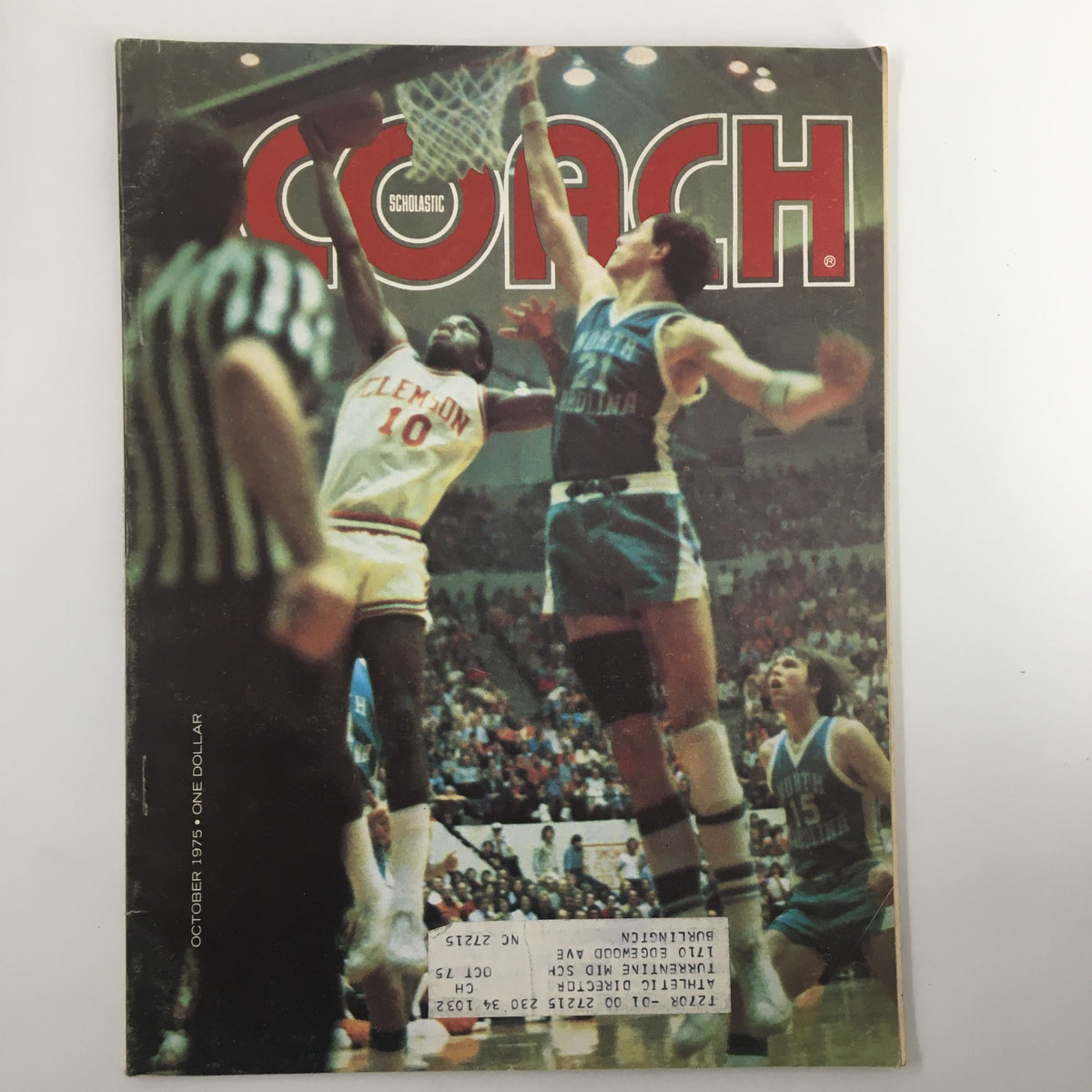 Cover of VTG Scholastic Coach Magazine from October 1975 featuring The Clemson University Game, showcasing a basketball player scoring while an opponent tries to block, depicting the excitement of college basketball.