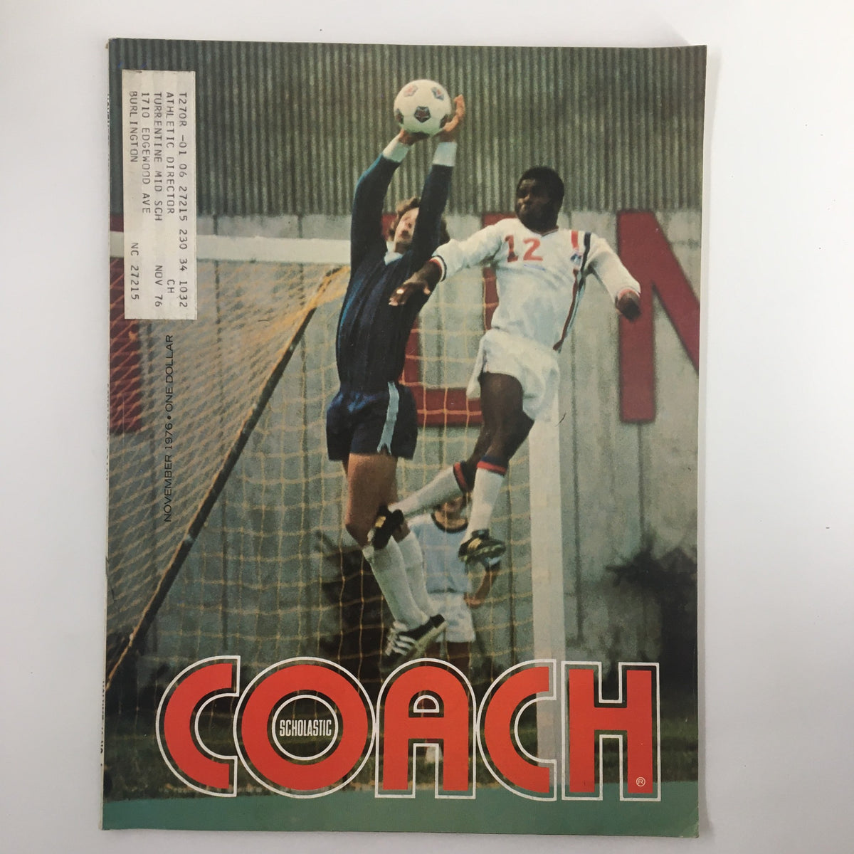 Cover of VTG Scholastic Coach Magazine November 1976 featuring a soccer player and goalkeeper, showcasing the magazine's focus on sports coaching.